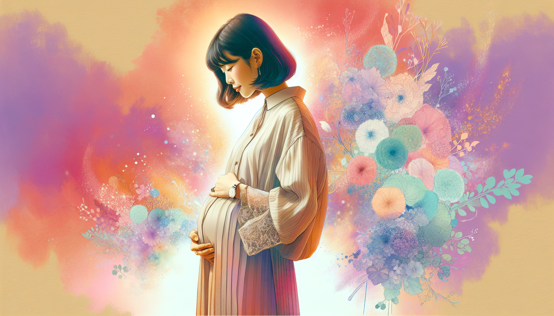 幸せそうな笑顔で大きなお腹を抱える、妊娠中のまつきりなさん。白いワンピース姿のマタニティフォト。