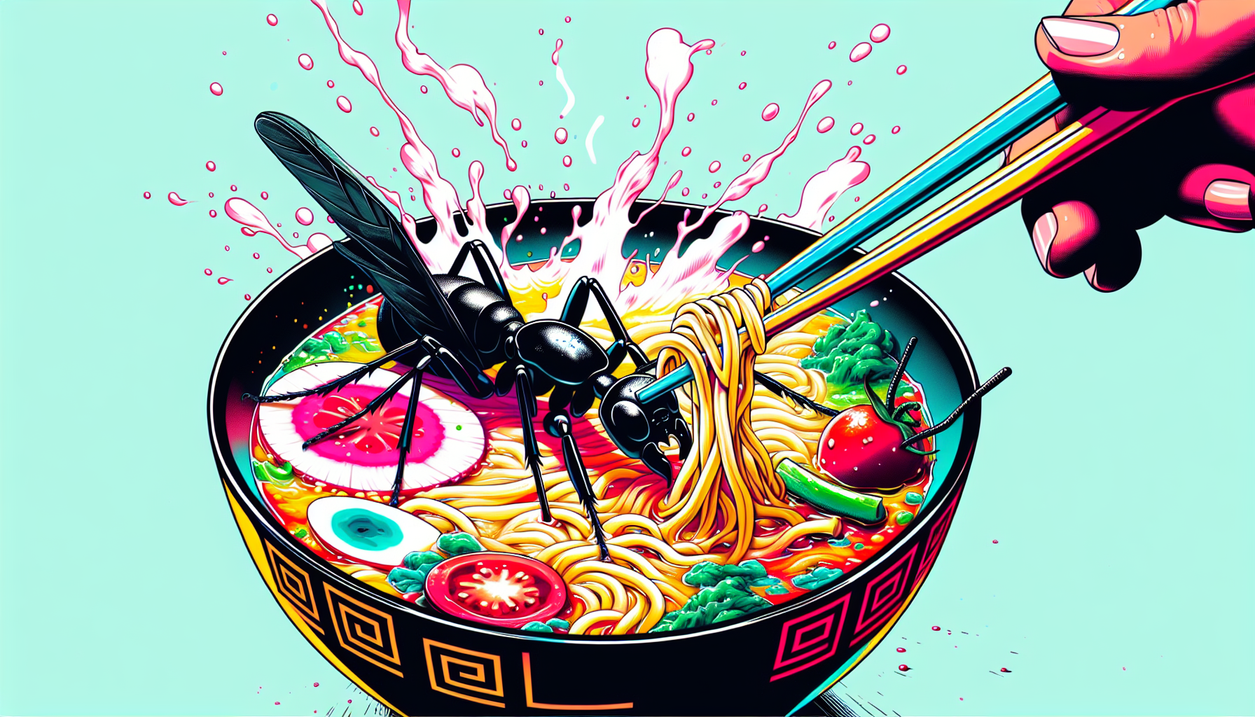 飲食店でラーメンへの異物混入に気づき、どう対応すべきか悩む女性のイラスト。食の安全を守るためのクレーム方法を解説。