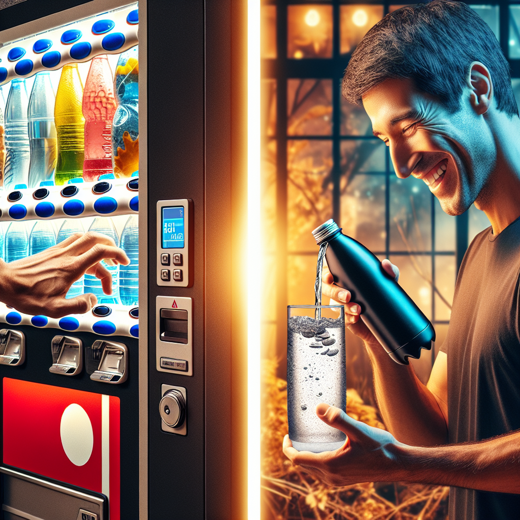 スマートフォンアプリを使い自販機のサブスクを利用する男性。ペットボトル値上げの対策として注目されている。