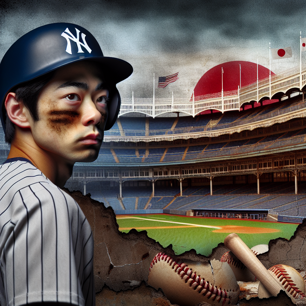 ヤンキースタジアムを背景に悩む野球選手のシルエット。日本人選手がヤンキースを選ばない理由と、村上宗隆選手の将来を考察。