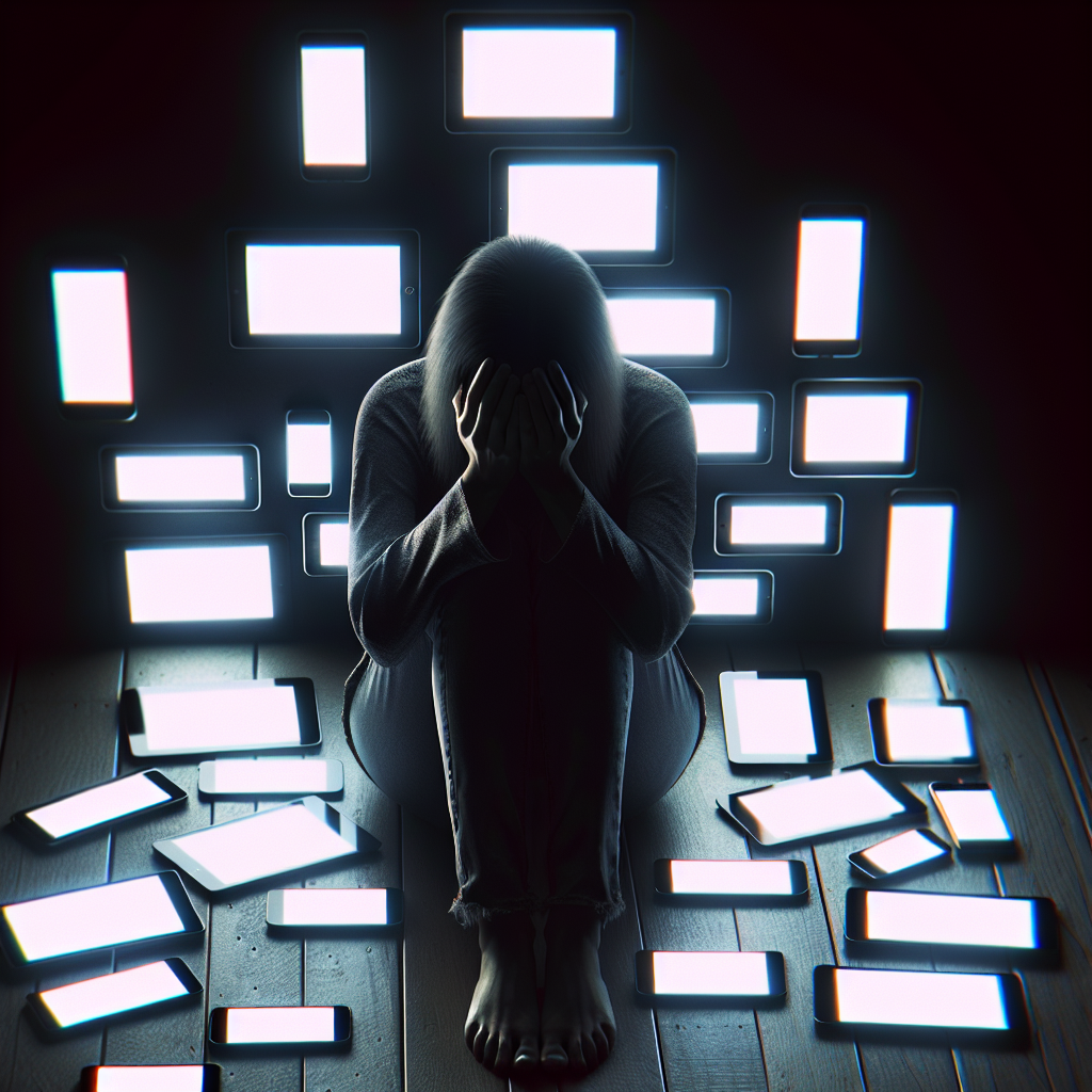 ネットでの被害者批判を目にして頭を抱える男性。なぜ被害者が責められるのか、その心理と社会問題を考える一枚。