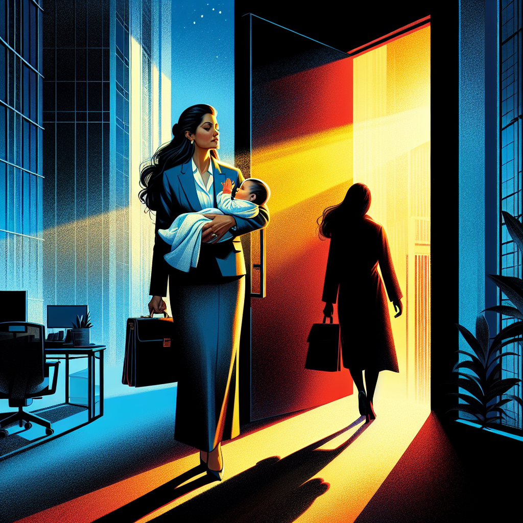 育休後の退職について悩む女性。デスクの上にはパソコンと育児用品が置かれ、キャリアの選択に思いを巡らせている様子。