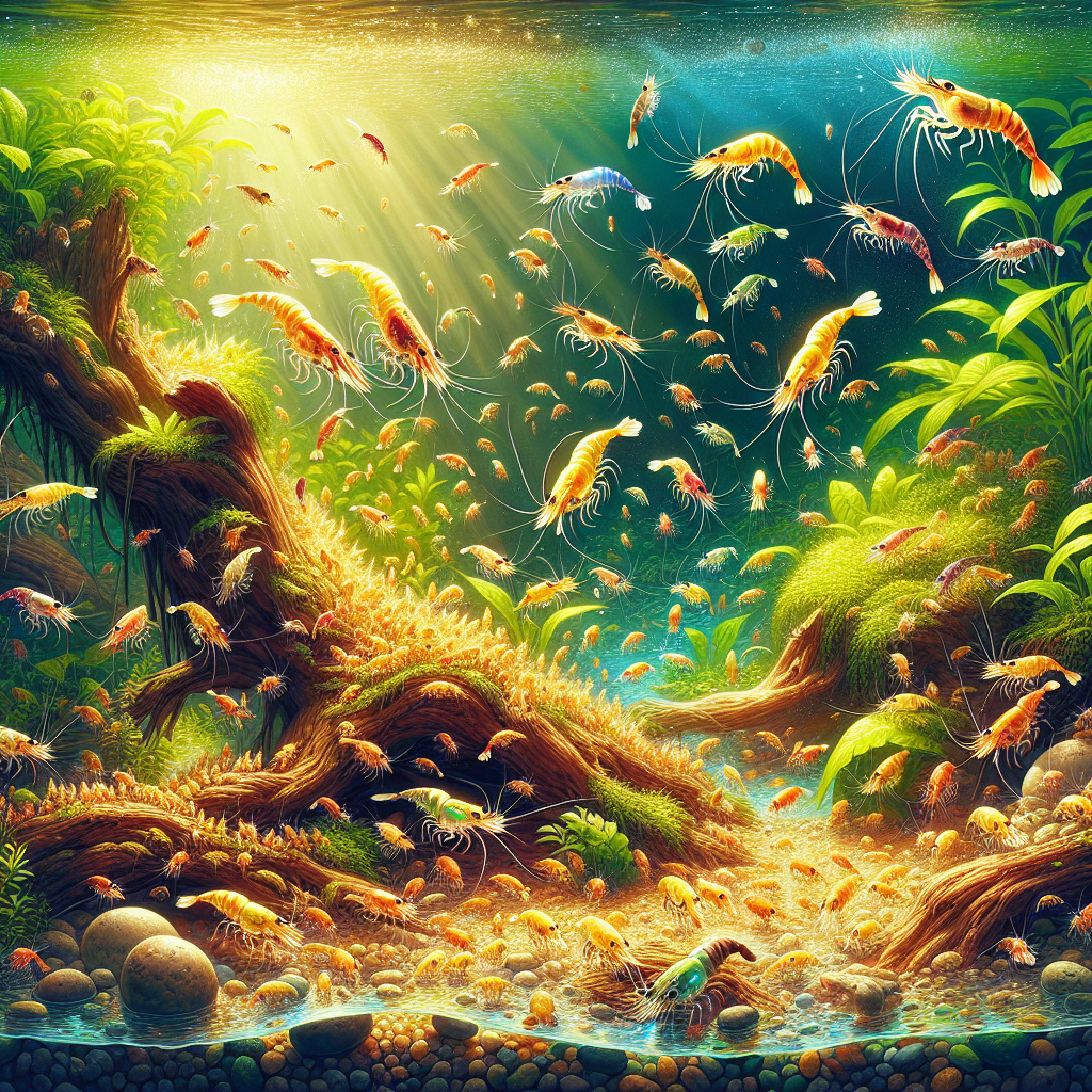 水草の間を元気に泳ぐたくさんのミナミヌマエビ。繁殖に成功し、稚エビも多数確認できるビオトープの様子。