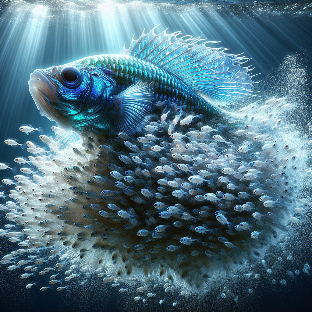 人工孵化に成功し、無数の稚魚と共に泳ぐ親のタイワンキンギョ。美しい青いヒレが特徴で、繁殖の感動を伝える一枚。