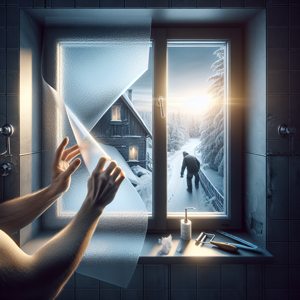 古い家のトイレの窓枠に断熱材をはめ込む、簡単な窓の断熱DIYを行っている手元のクローズアップ写真。