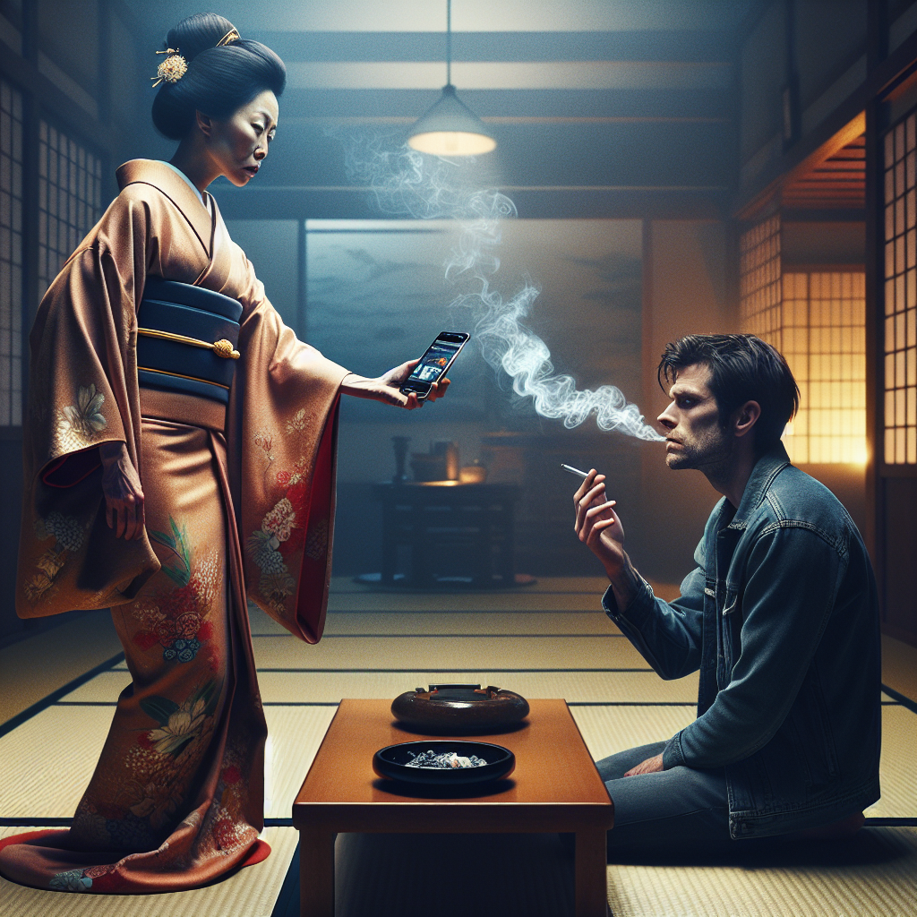 老舗旅館の禁煙客室で、ルール違反の喫煙により汚れた布団と灰皿代わりの缶。ホテルでの禁煙ルール違反と損害賠償問題を象徴する一枚。